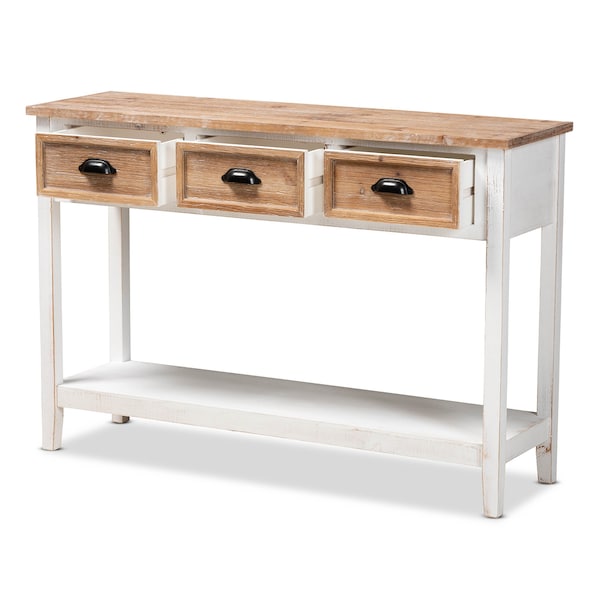 Benedict Traditional Two-Tone White And Oak Brown Finished Wood 3-Drawer Console Table